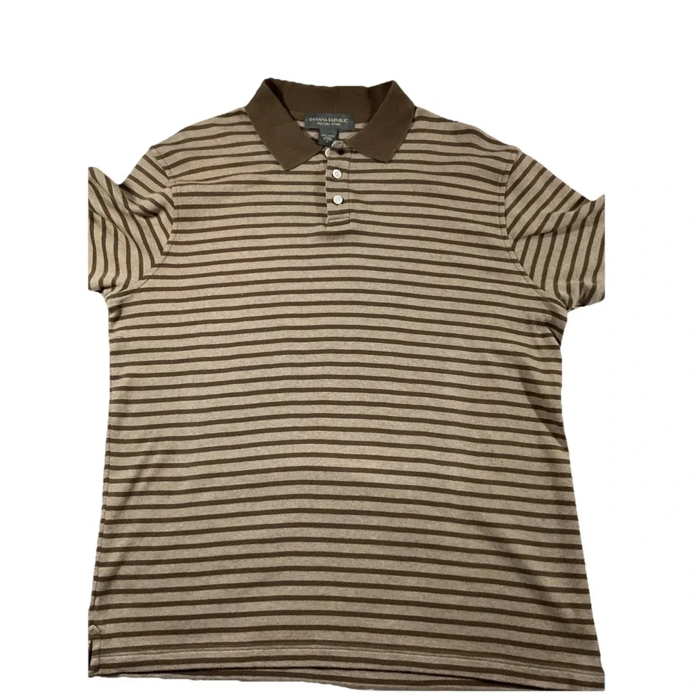 Banana Republic Men's Large Short Sleeve Varsity Polo Shirt Brown Striped.  E33‎